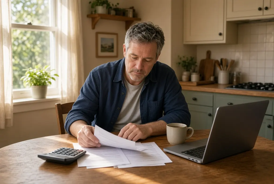 Ordinary person managing finances at a kitchen table