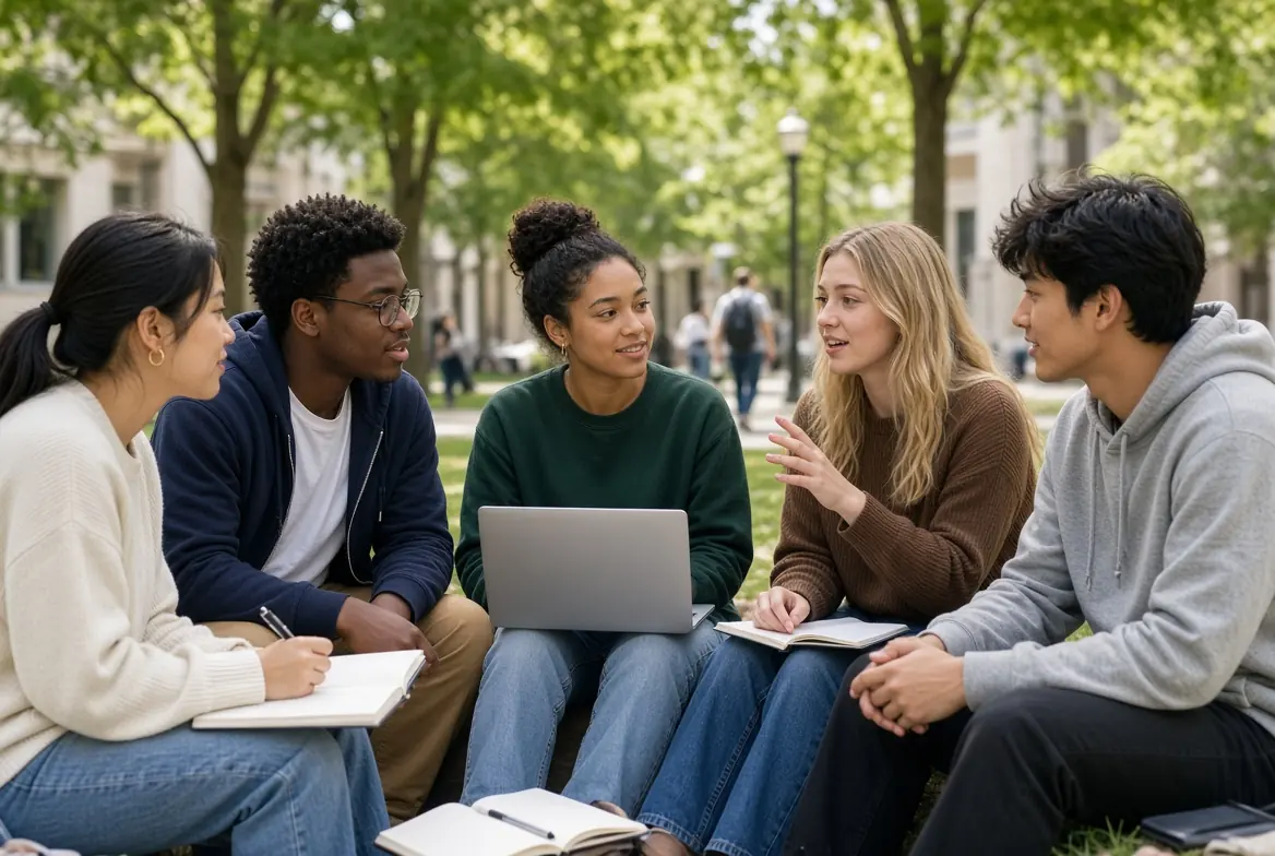 College students discussing money and careers on campus